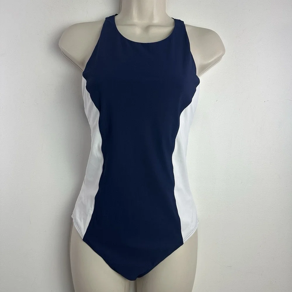 Tory Burch Sport One‎ Piece Swimsuit Size Medium Crew Neck Navy Blue White